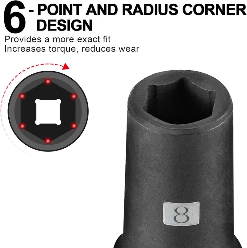 Max Power 3/8 Inch Drive 8 mm Deep Impact Socket, Made with Heat-Treated Chrome Vanadium Steel, Durable Impact Socket with 6-Point Design, SAE - Image 2